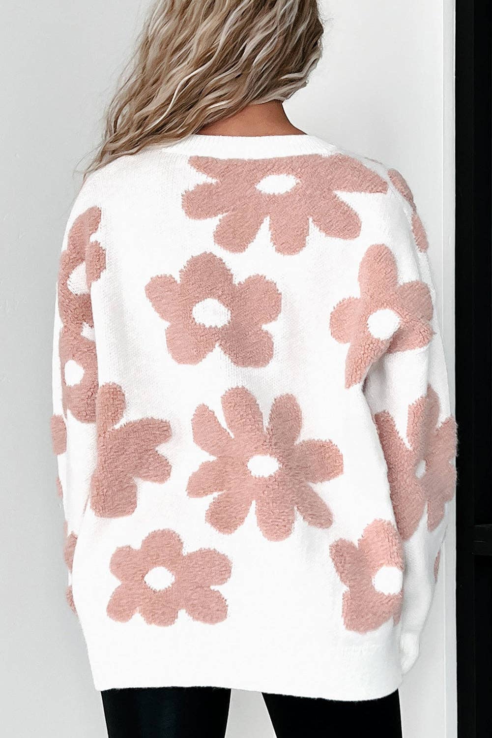 White Textured Flower Loose Sweater