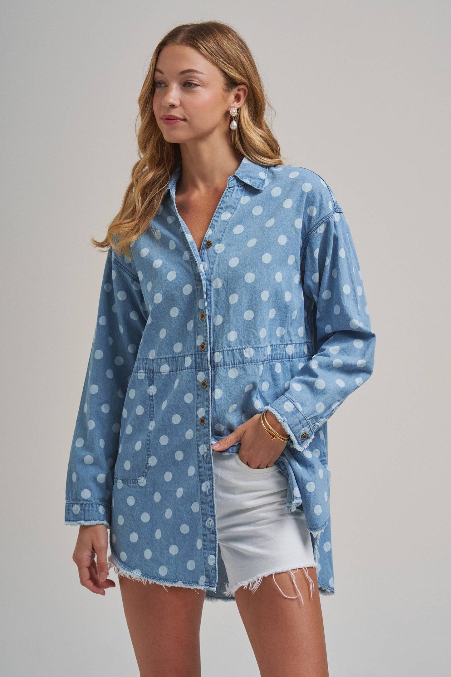 Polka Dot Chambray Button-Up Shirt with Frayed Hem