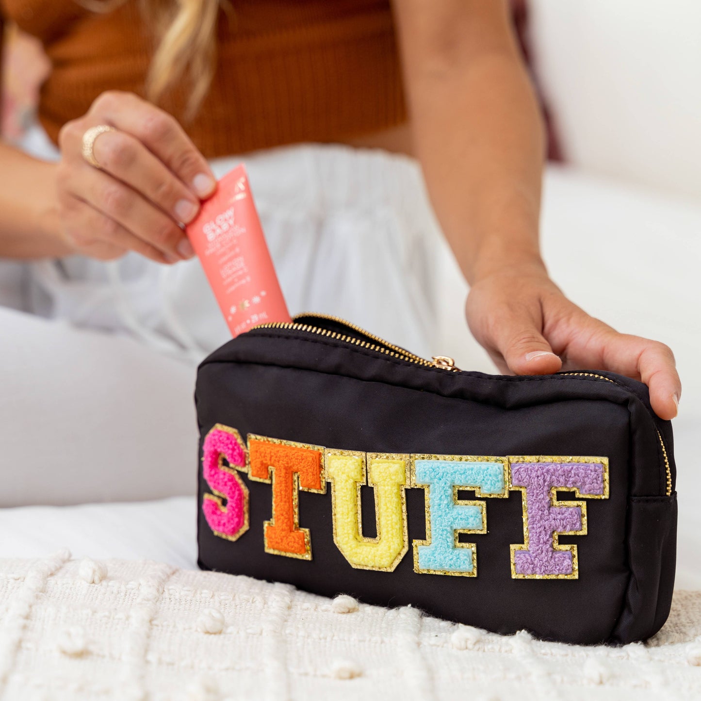 STUFF Chenille Letter Bag Travel Makeup Pouch