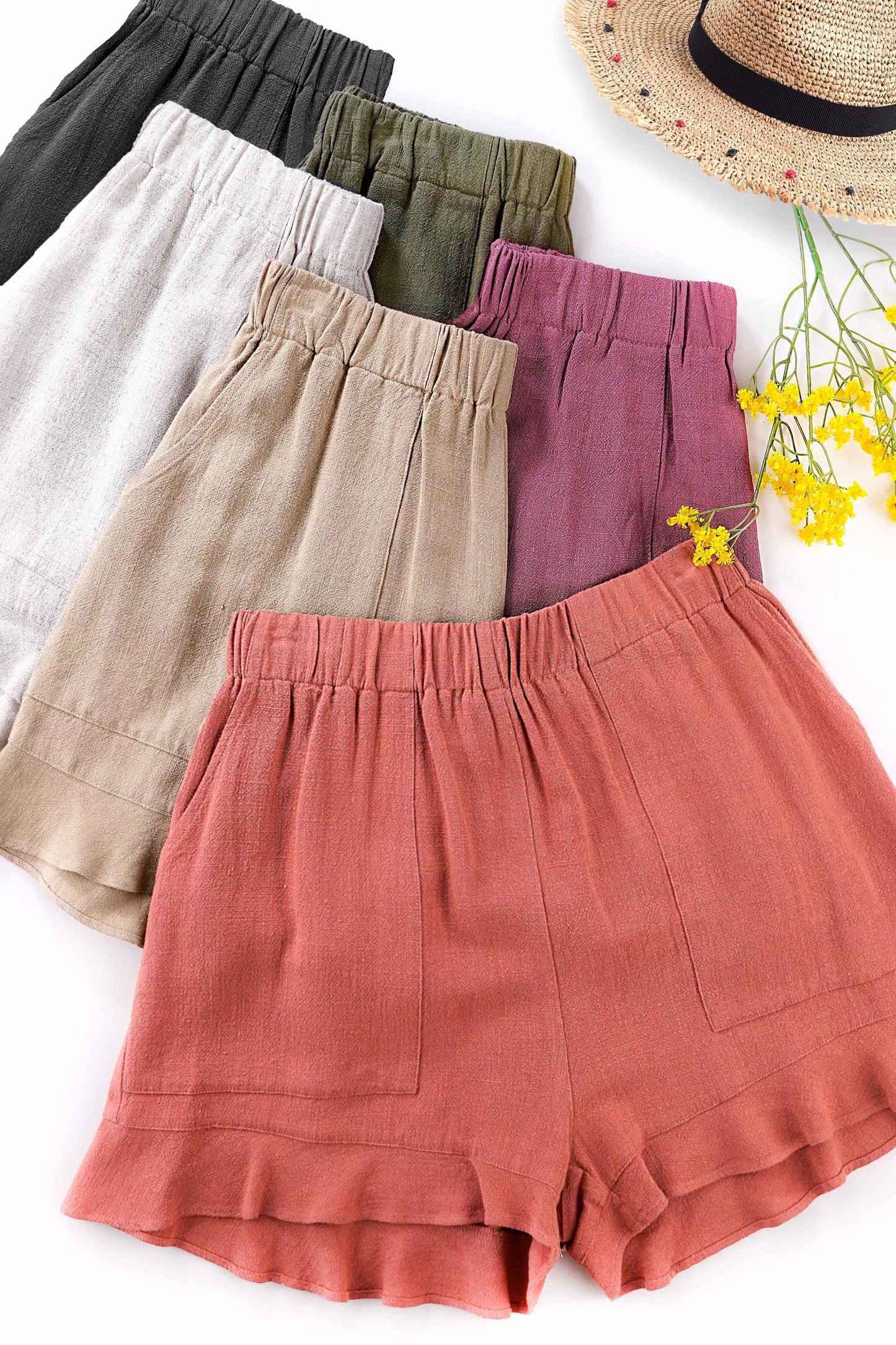 Flared Hem Elastic Band Shorts with Front Pockets