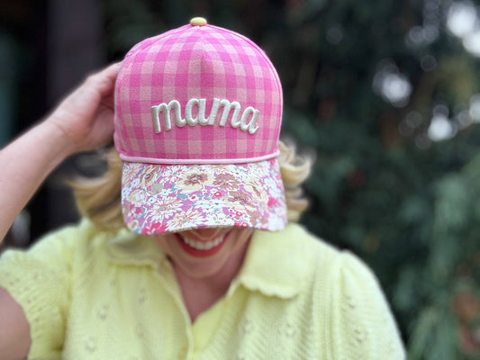 Mama Embroidered Pink Gingham & Floral Snapback Hat