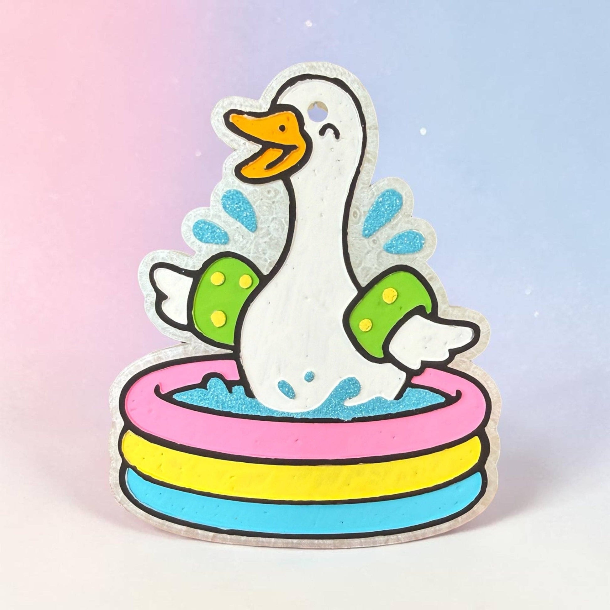 Colorful illustration of a duck in an inflatable pool on a gradient background