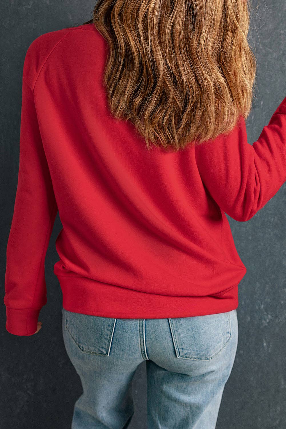 Red Solid Crewneck Raglan Sleeve Sweatshirt