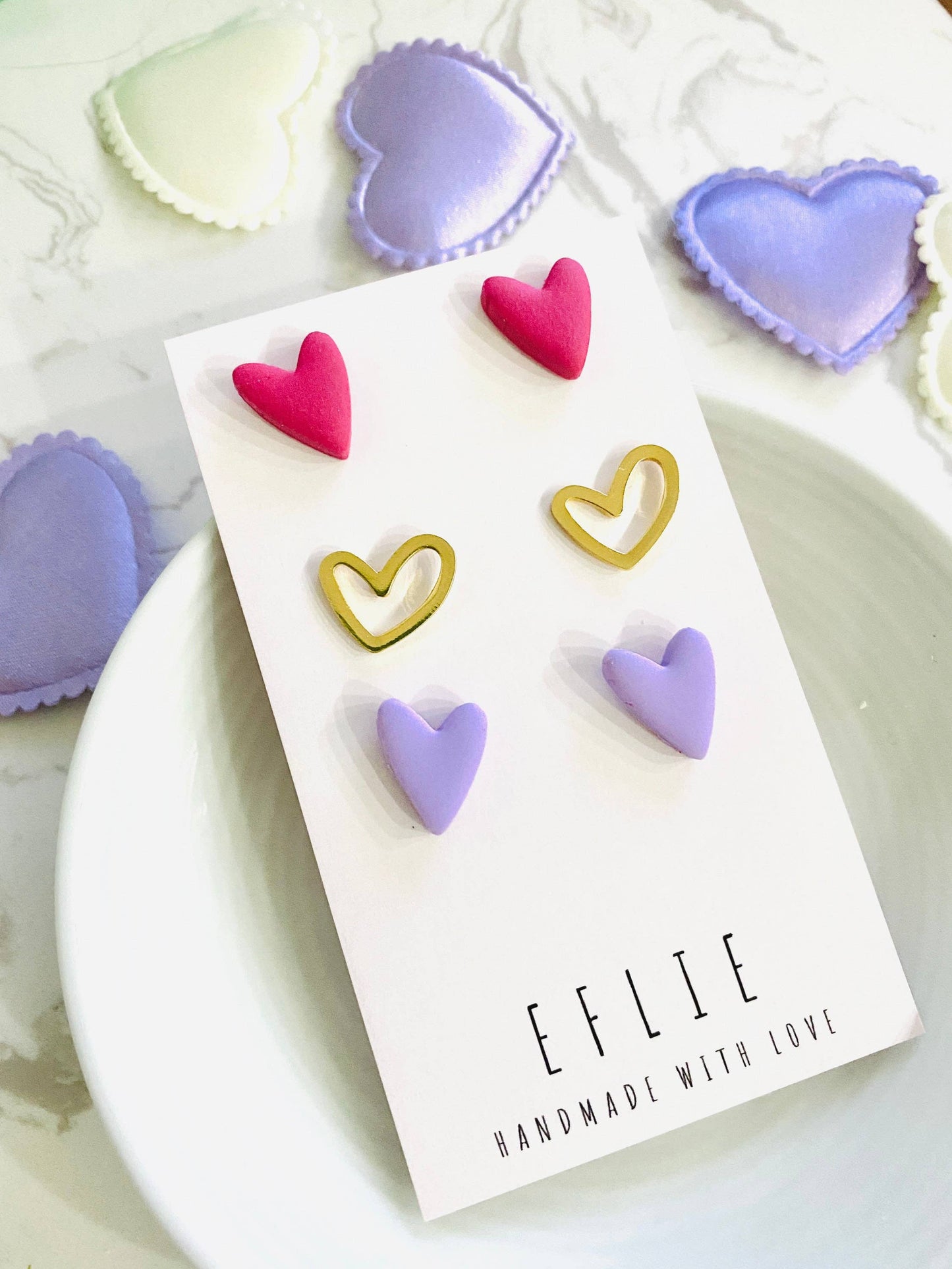 Valentine's Gold & Purple Heart Stud Earrings Set