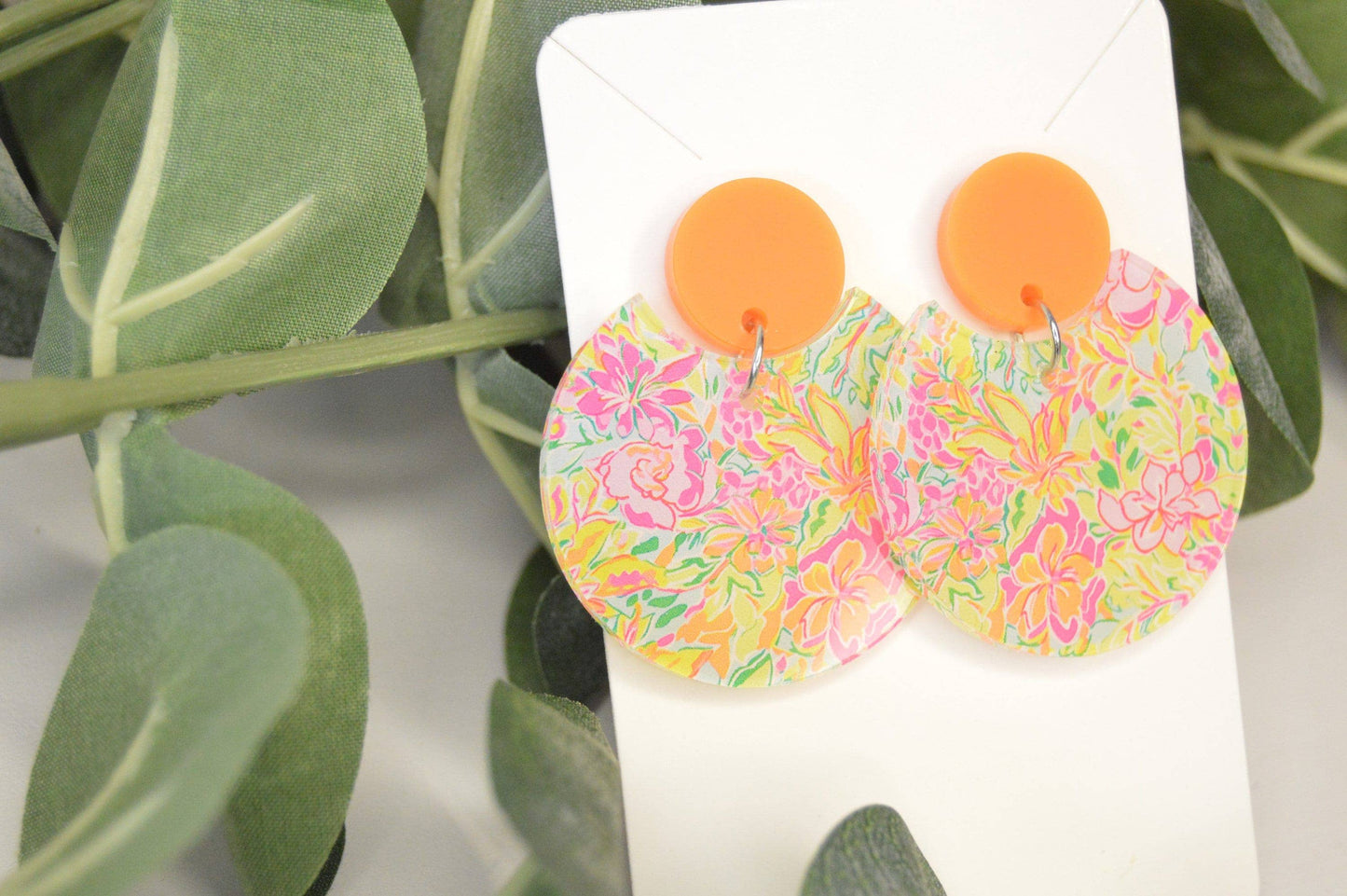 Preppy Earrings, Colorful Notched Circle Earrings, Floral