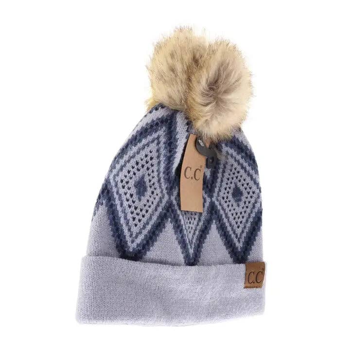 C.C Diamond Geometric Pattern Faux Fur Pom Beanie