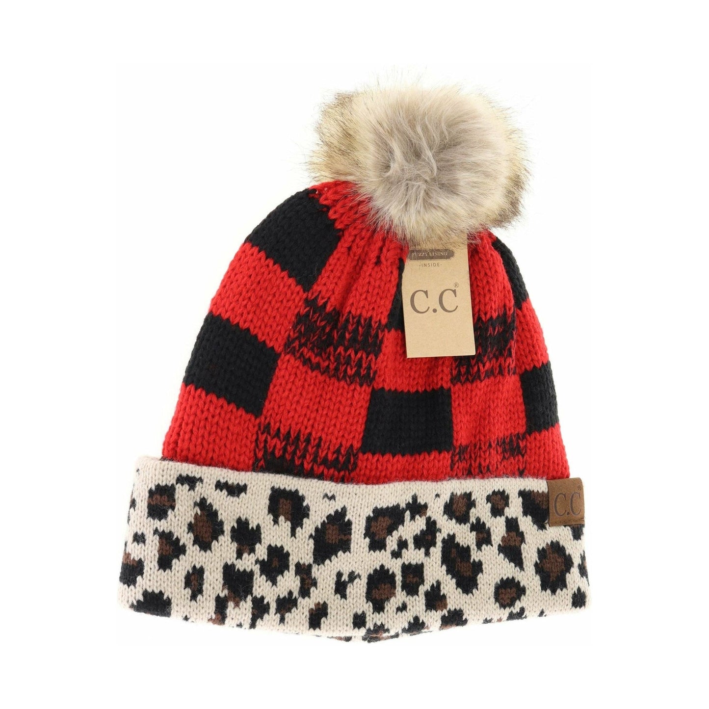 C.C Leopard/Buffalo Mixed Print Fur Pom C.C Beanie