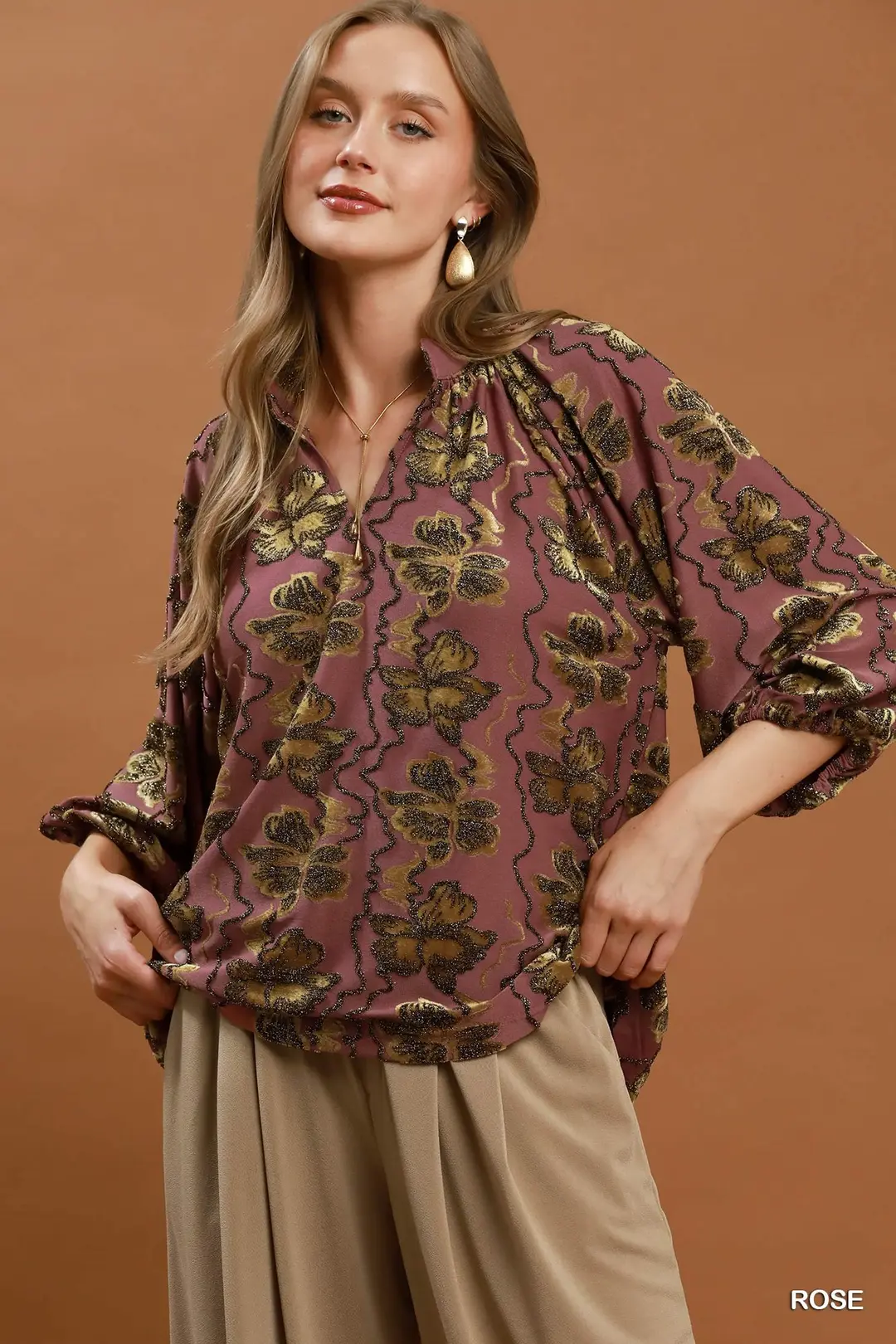 Umgee metallic velvet floral split neck blouse, sleeve and cuff detail