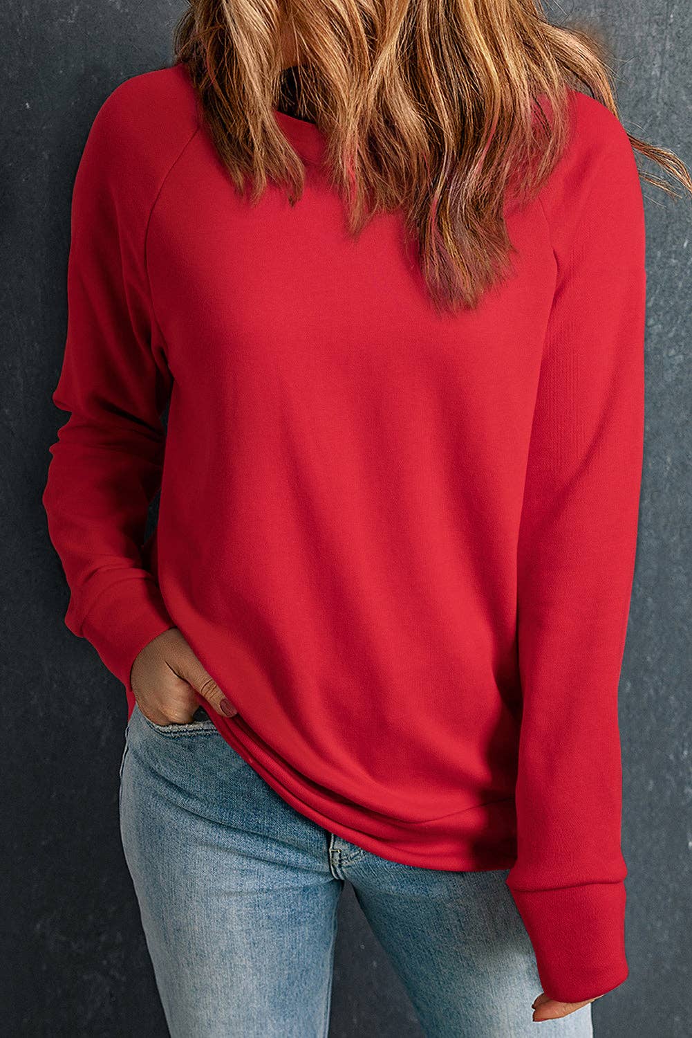 Red Solid Crewneck Raglan Sleeve Sweatshirt