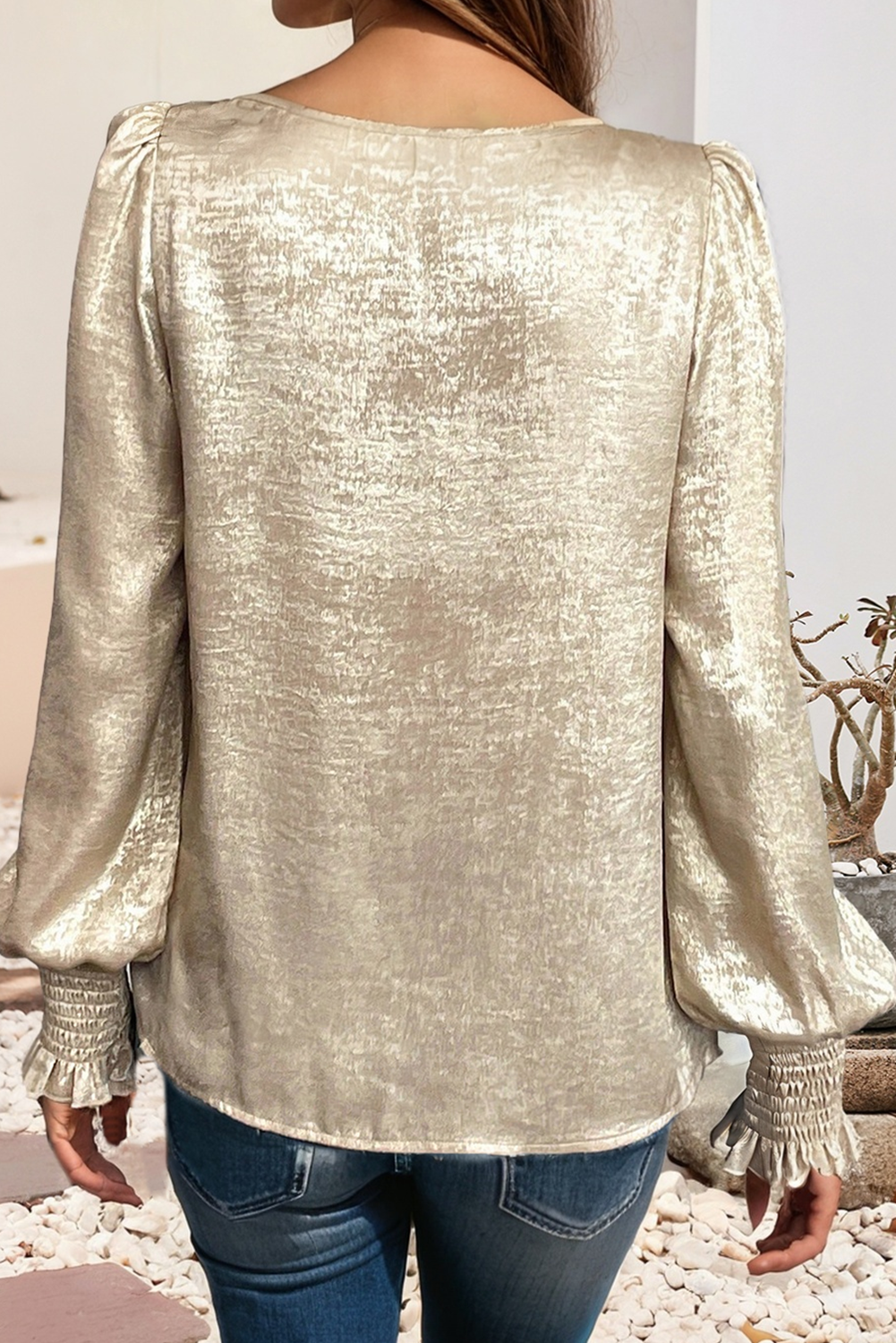 Champagne Crinkle Satin Balloon Sleeve Top