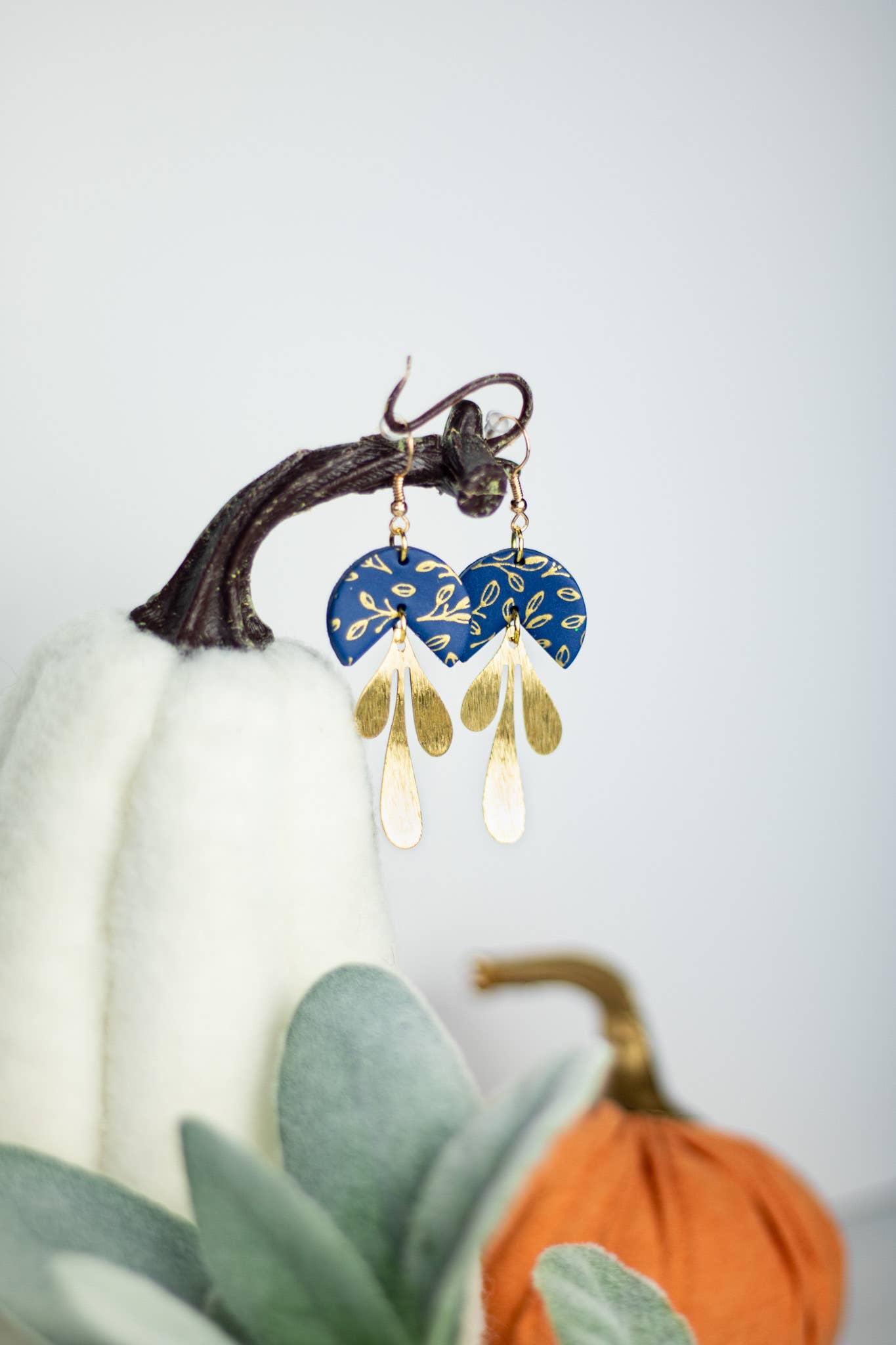 Navy & Gold Leaf Dangle Earrings