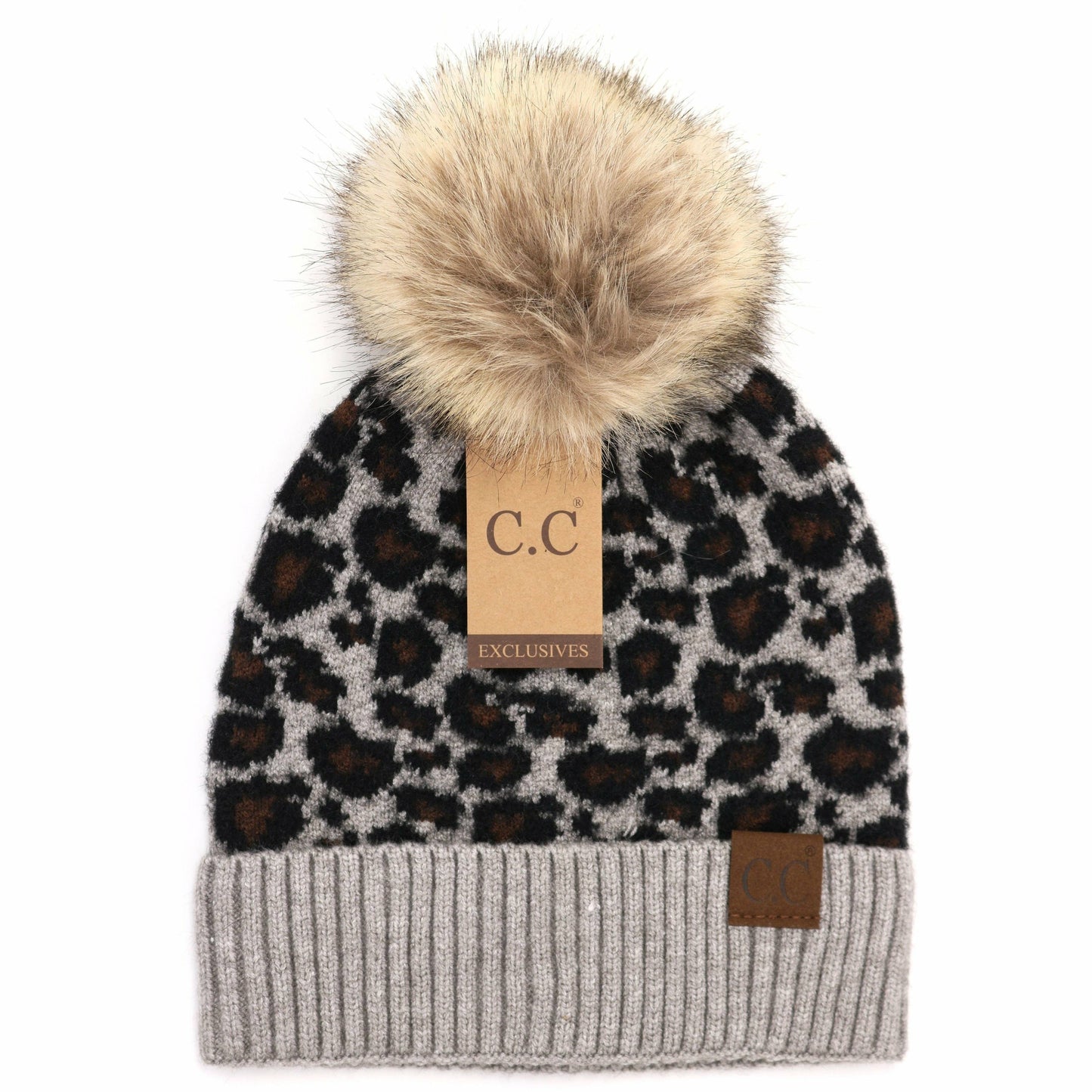 C.C. Animal Print Fur Pom Beanie