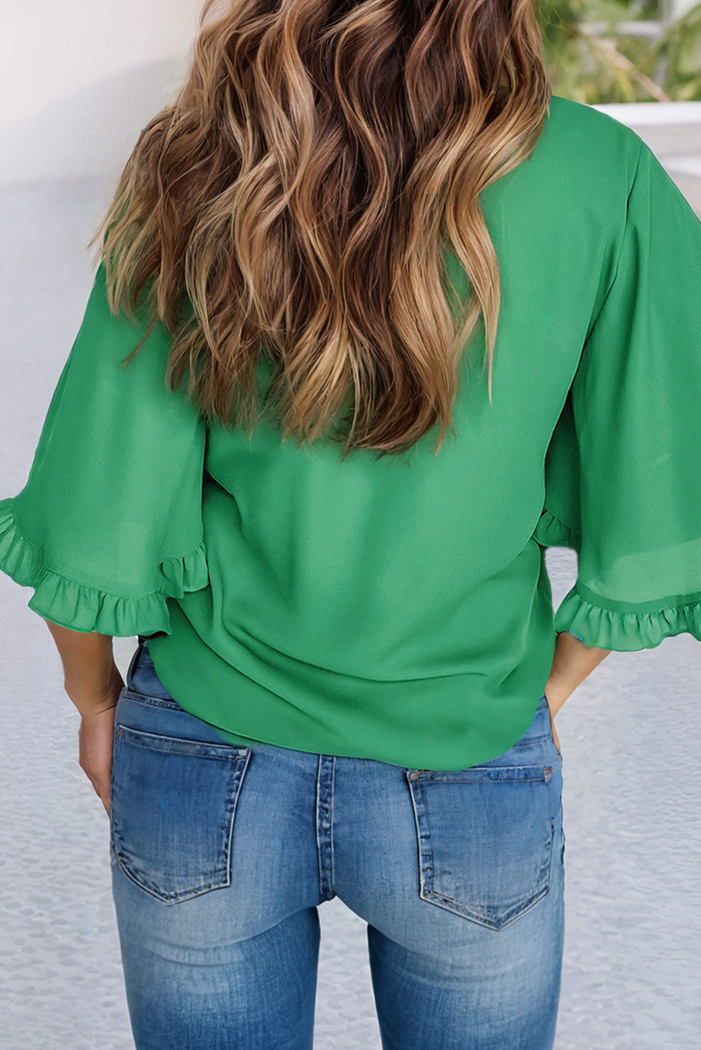 Green Frilly Round Neck Wide Half Sleeve Blouse