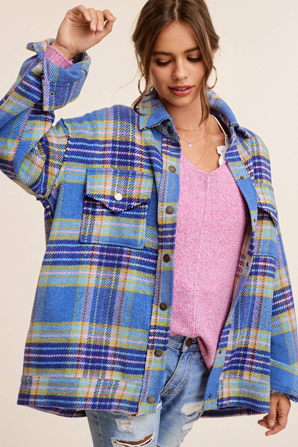 Loose Fit Plaid Button Down Shacket with Pockets