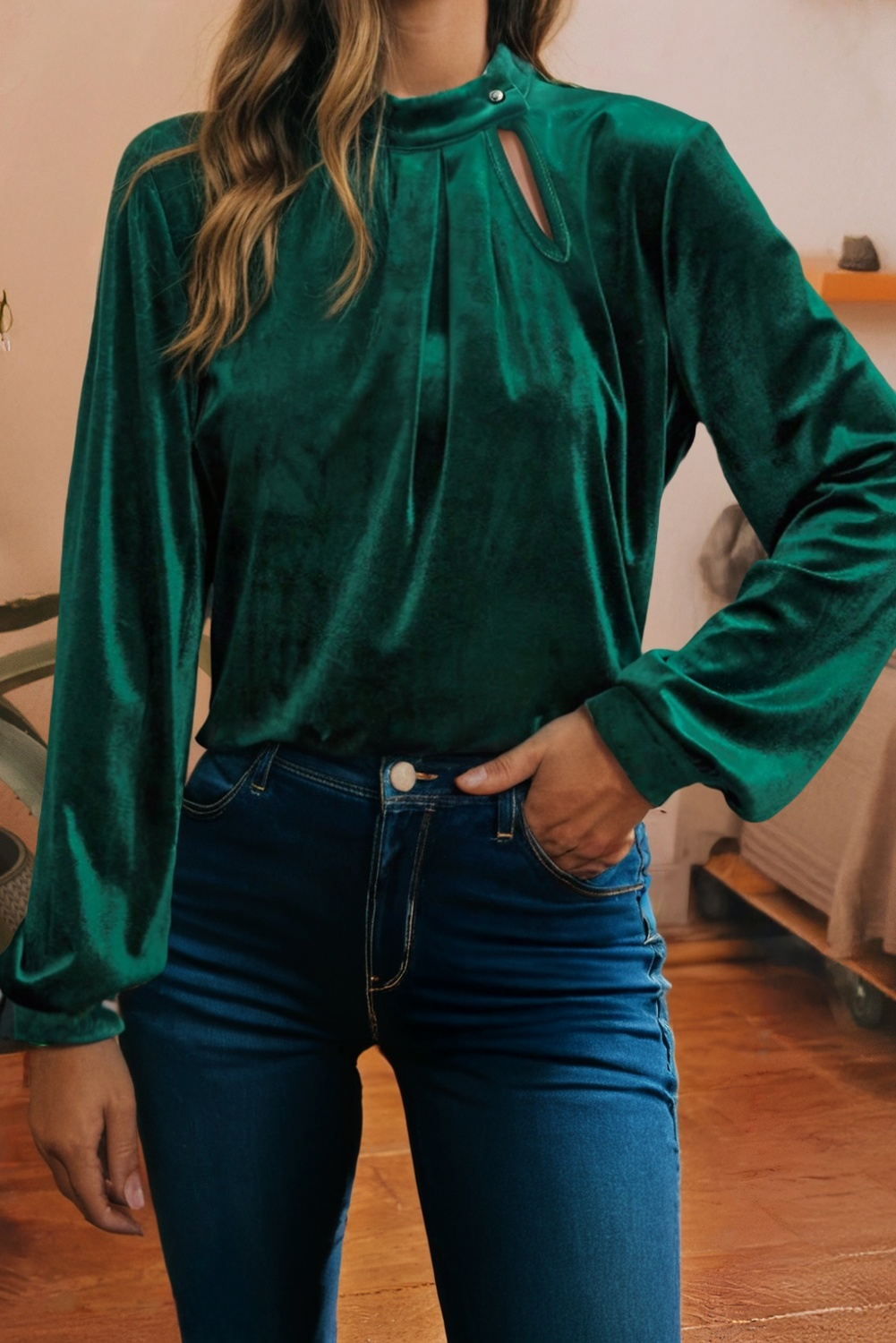 Emerald Velvet Pleated Keyhole Blouse