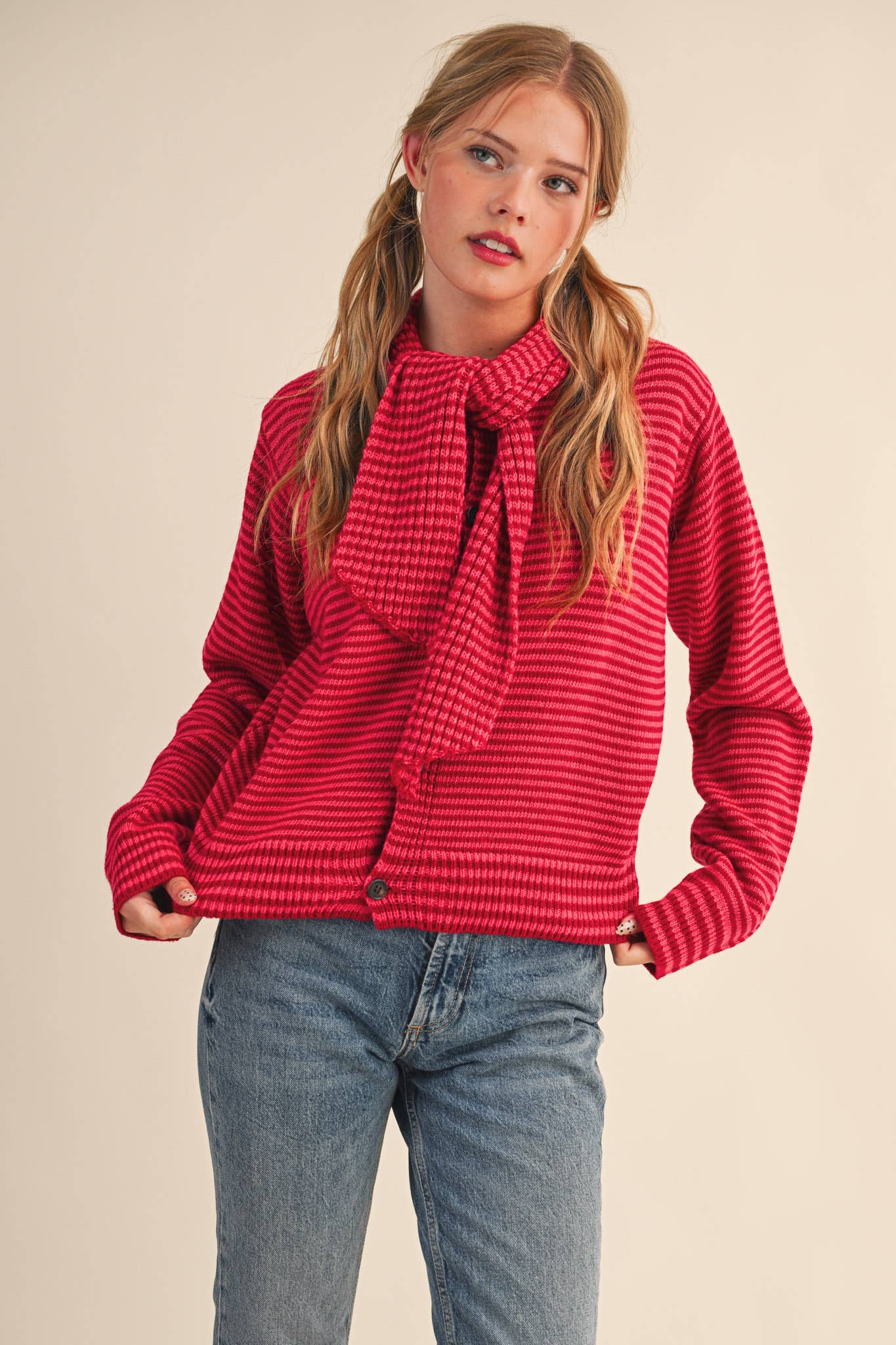Stripe Tie-Neck Button Cardigan