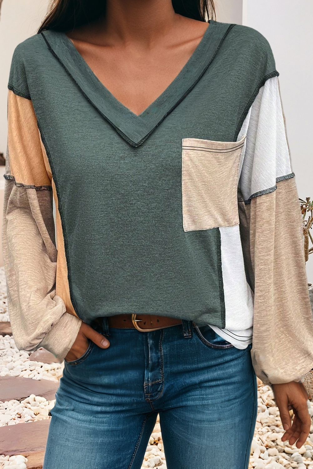 Colorblock V-Neck Pocket Top