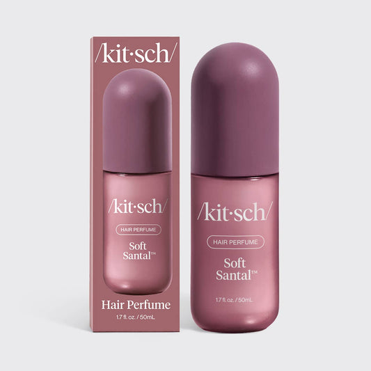 Kit Sch Soft Santal hair perfume bottle and its matching retail box, both in a dusty mauve-purple color, set against a light gray background.