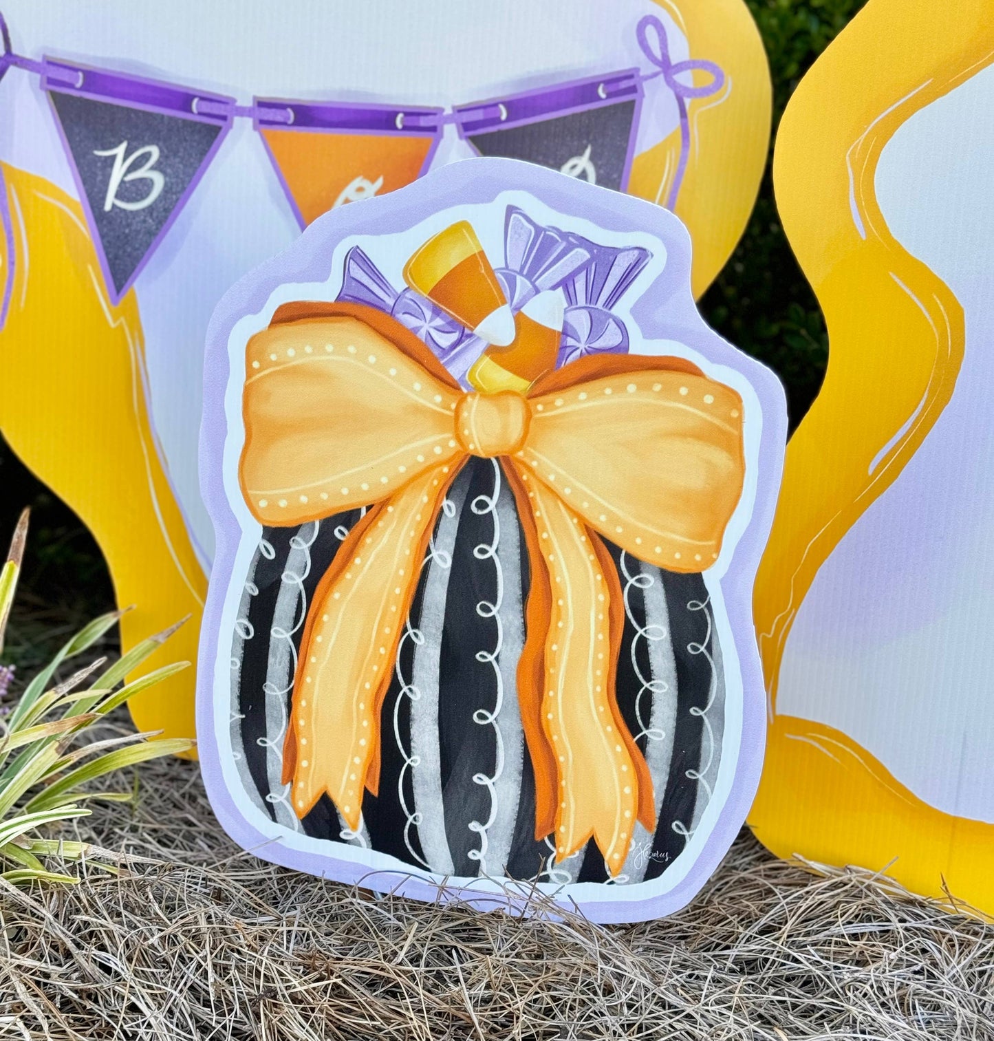 Black Halloween Pumpkin with Orange Bow Yard Art
