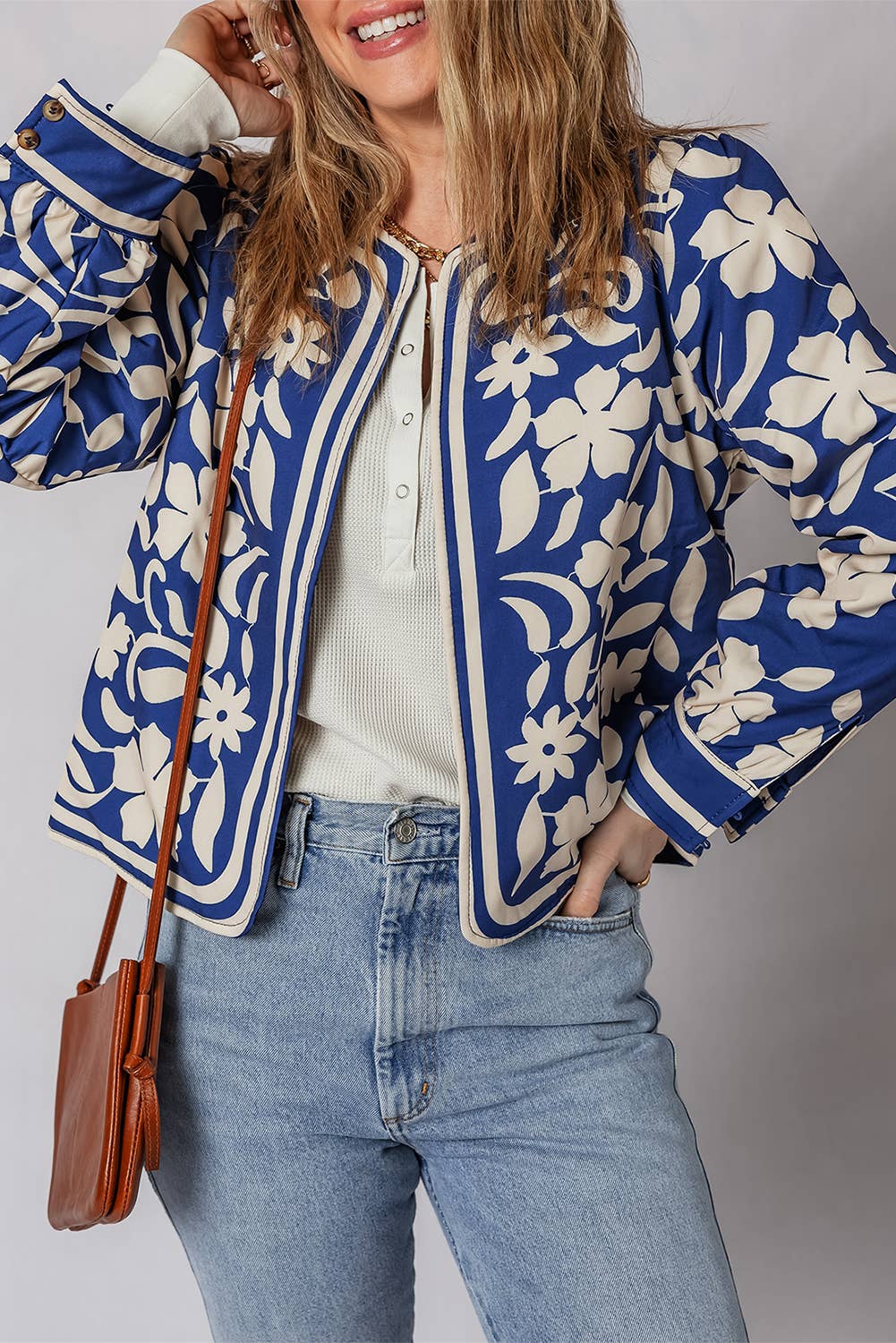 Flower Print Open Front Jacket