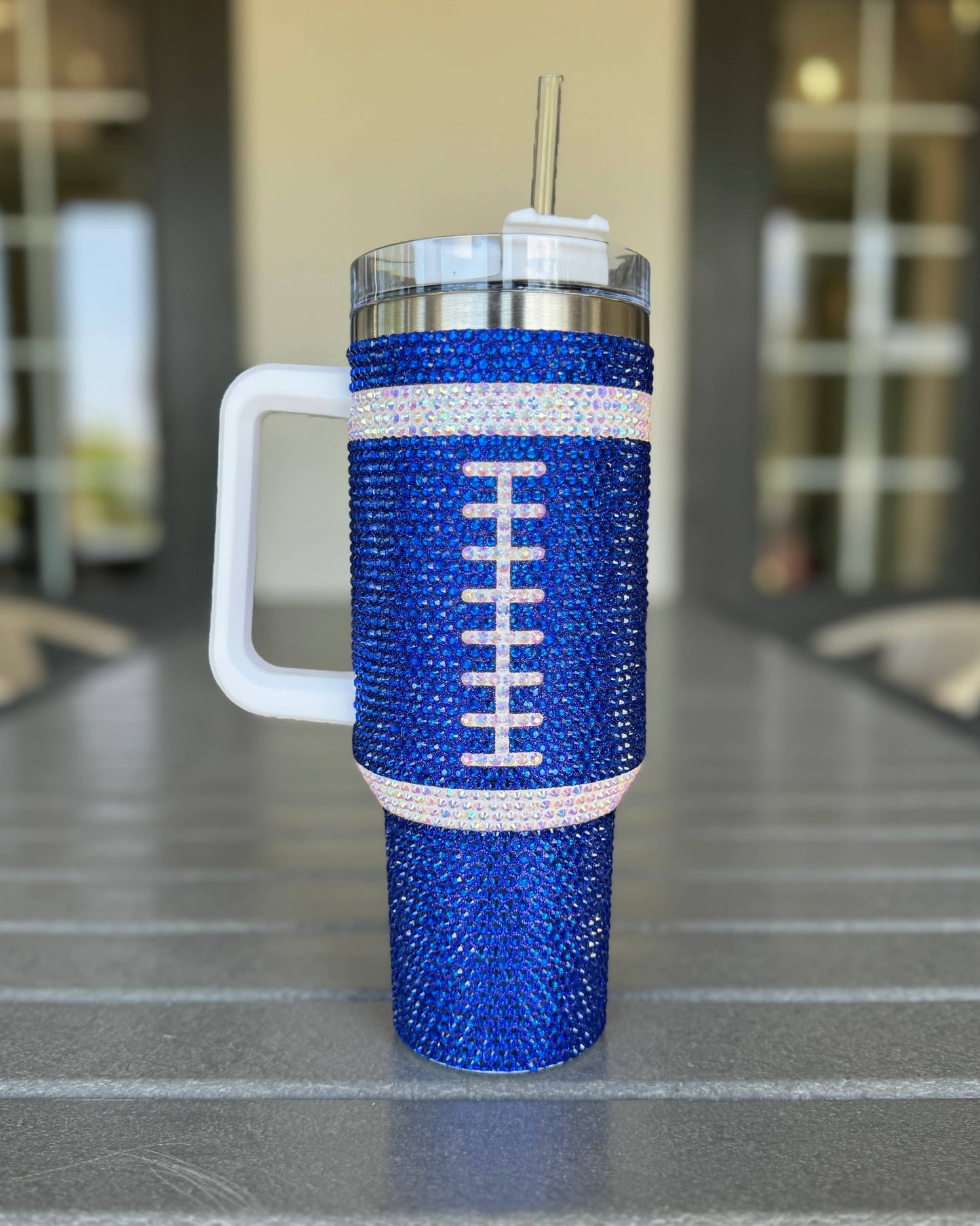 Blue Rhinestone Football 40 Oz. Tumbler