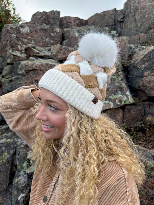 Chunky Weaved Faux Fur C.C Pom Beanie