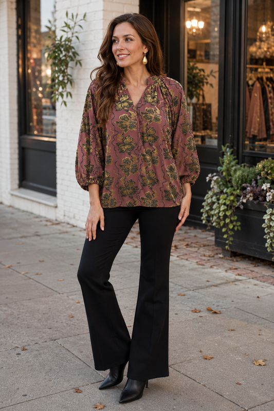 Umgee metallic velvet floral split neck blouse, front view