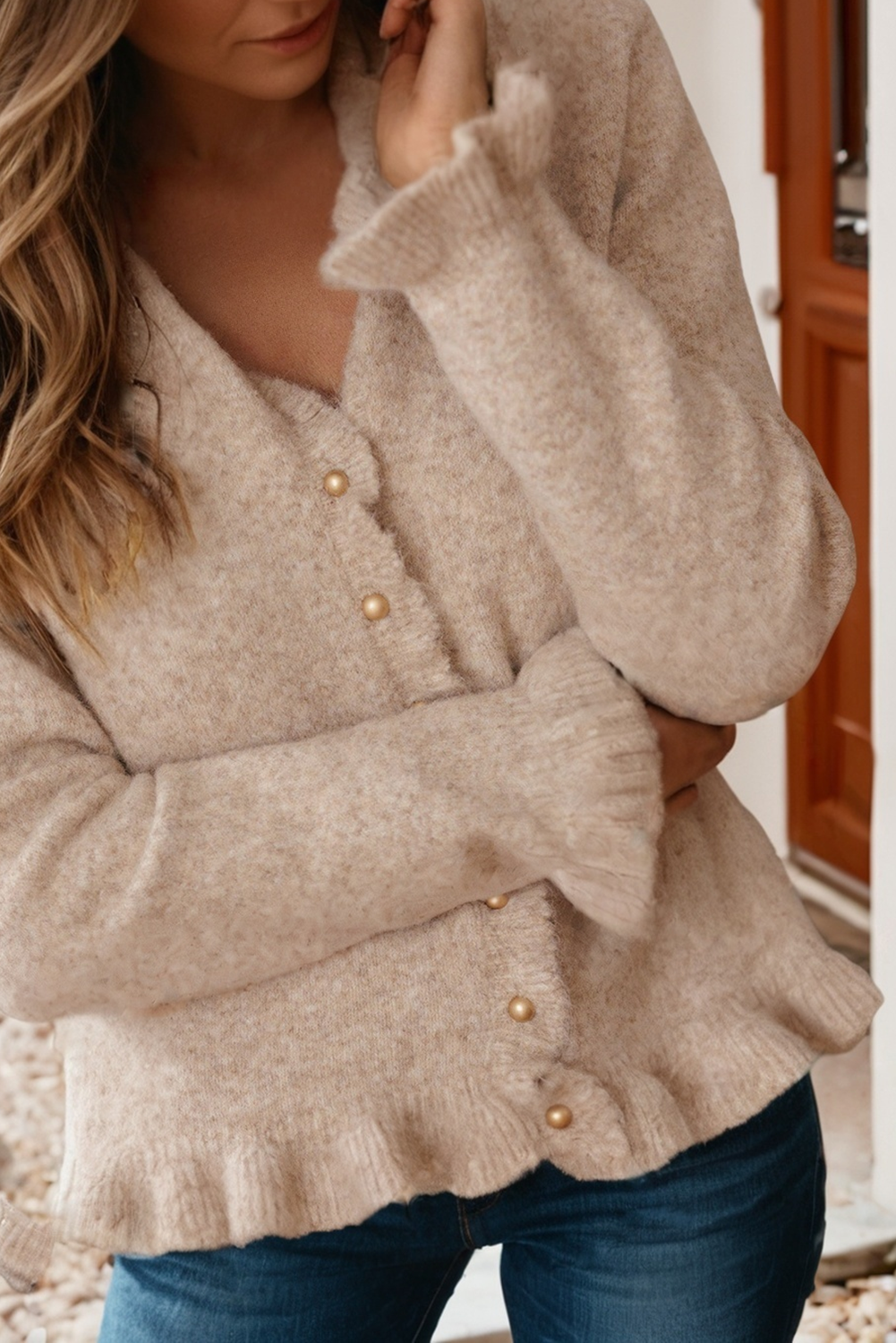 Ruffle Trim Gold Button Sweater Cardigan