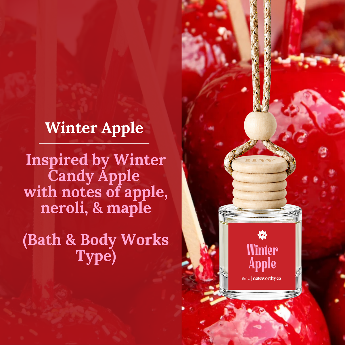 A small glass bottle fragrance labeled Winter Apple with a red label and a light wood cap, hanging against a red holiday-themed background with candy apple imagery and descriptive text on the left.