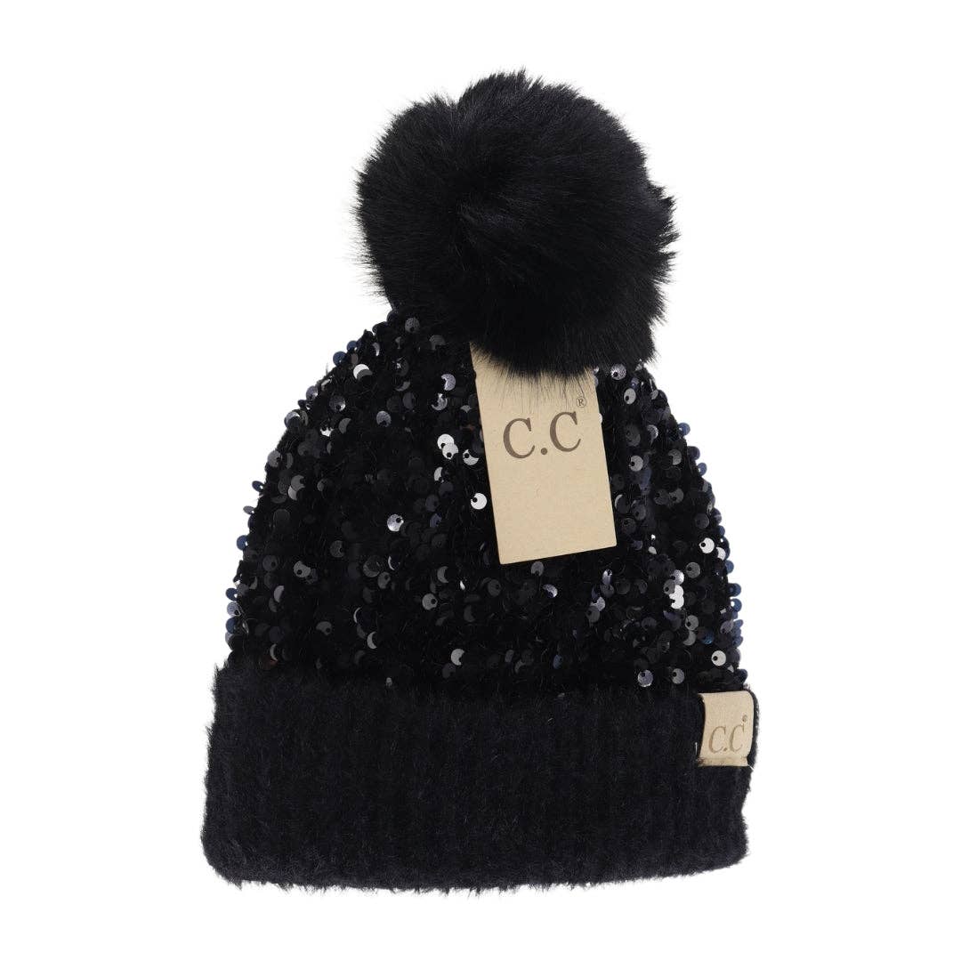 C.C. Kids Sequin Faux Fur Pom Beanie