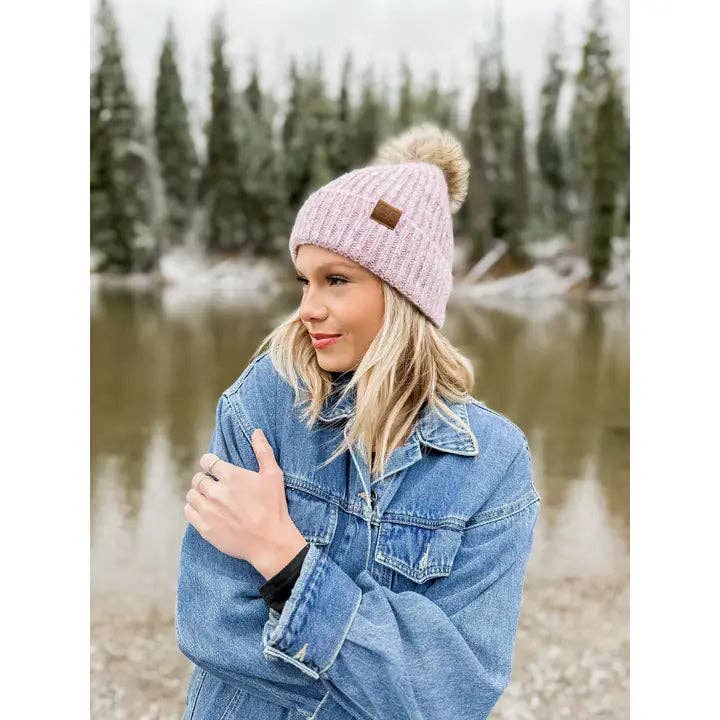 C.C Soft Ribbed Fur Pom Beanie