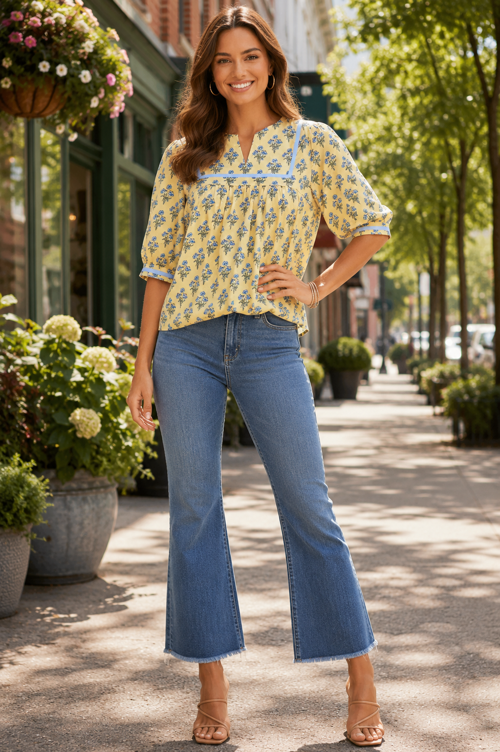 A woman stands on a sunlit city sidewalk wearing a yellow and blue patterned blouse with elbow-length sleeves, paired with blue cropped flare jeans and tan heeled sandals.