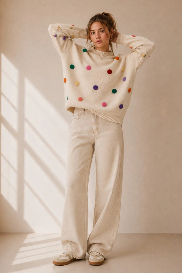 Colorful Pom Pom Knit Sweater
