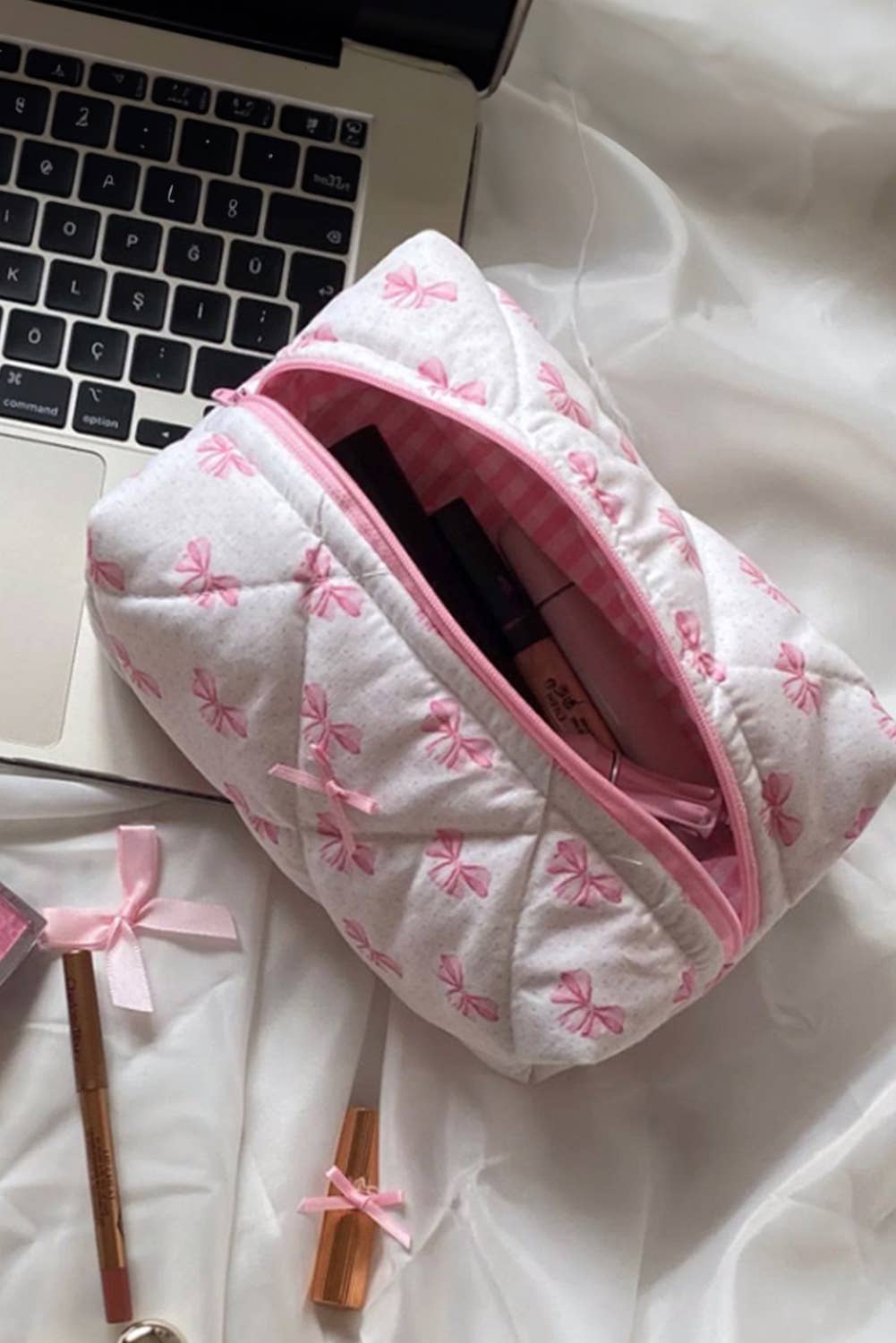 Bow Quilted Makeup Bag