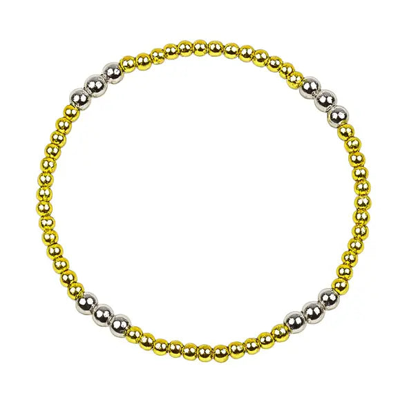 A beaded stretch bracelet featuring alternating metallic gold and polished silver ball beads, arranged in a circular shape against a solid white background.