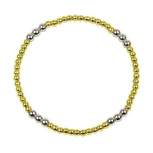 A beaded stretch bracelet featuring alternating metallic gold and polished silver ball beads, arranged in a circular shape against a solid white background.