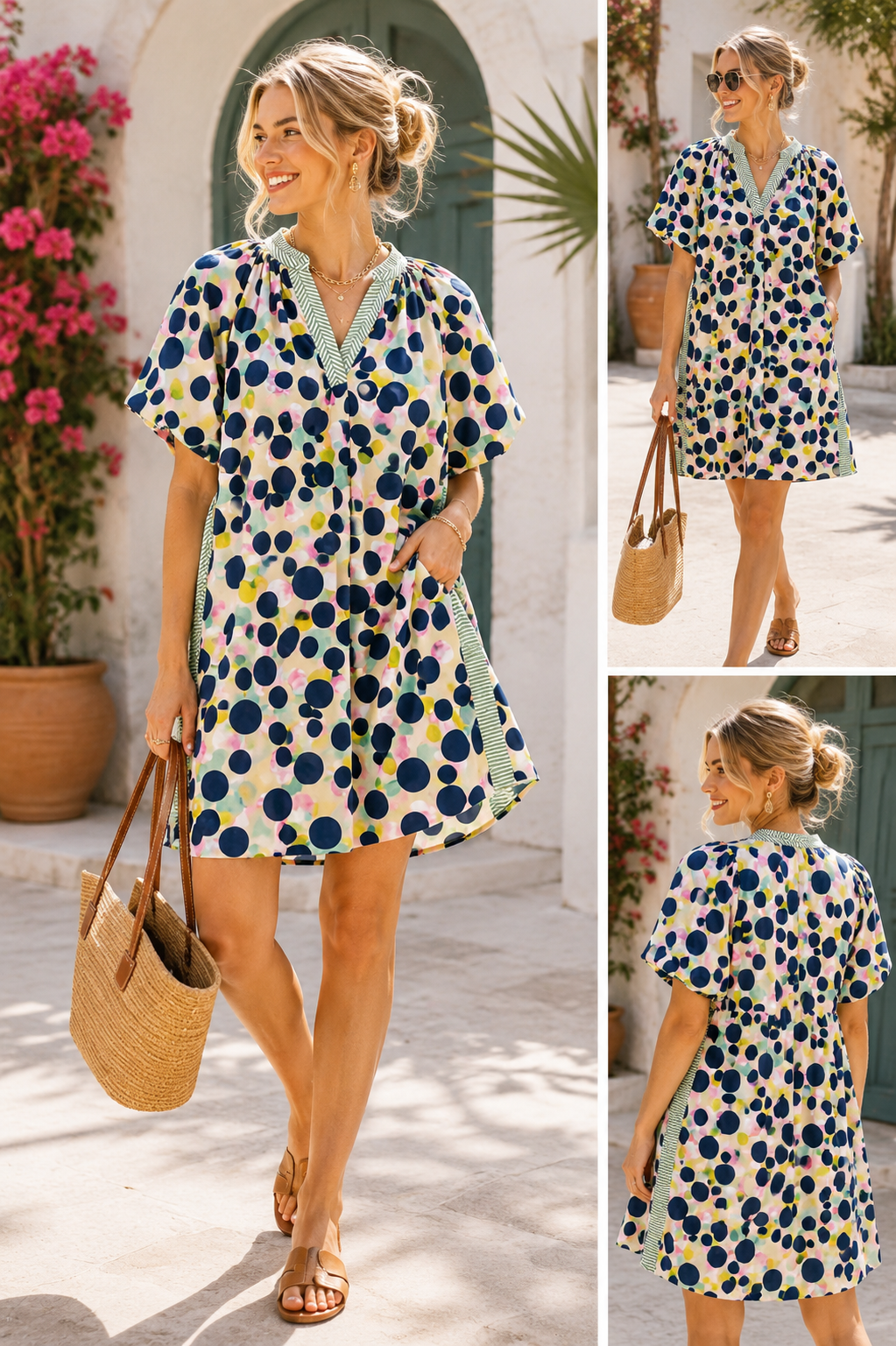 Umgee Polka Dot Print Tunic Dress with Contrast Trim