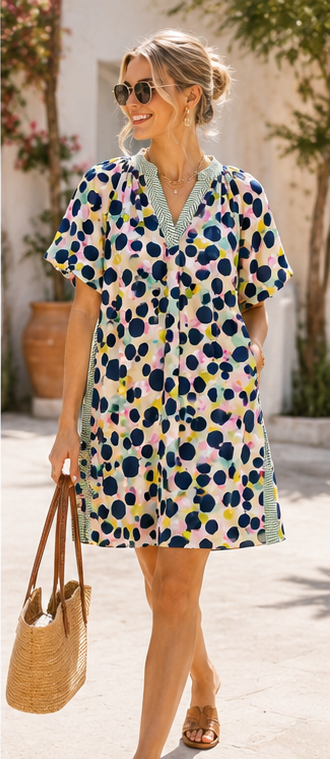 Umgee Polka Dot Print Tunic Dress with Contrast Trim