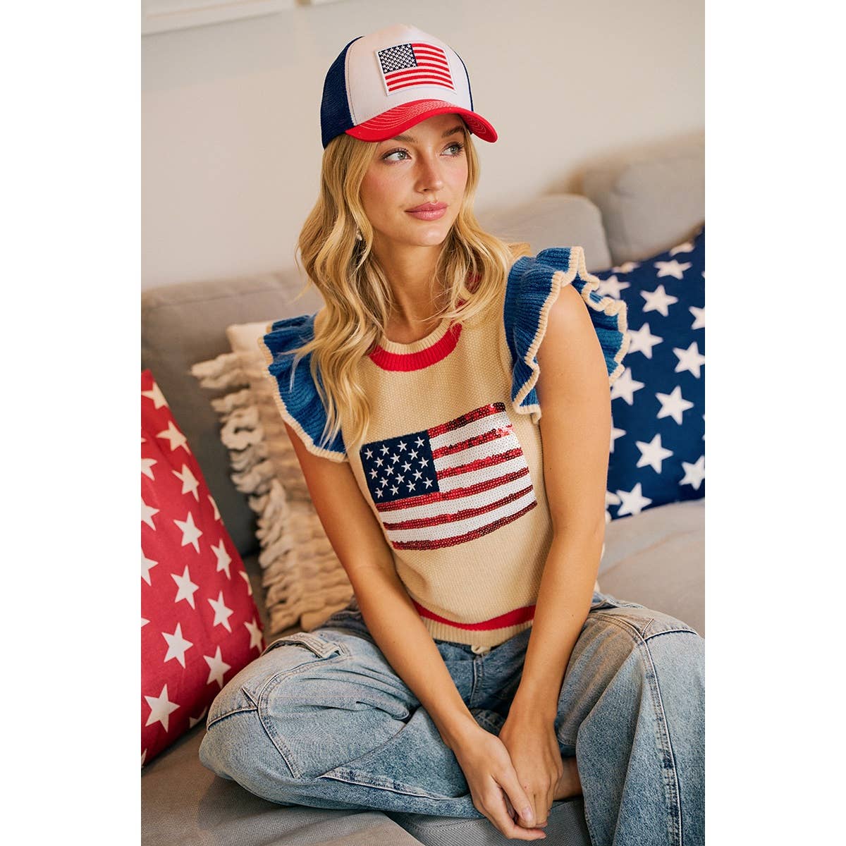 BiBi Sequin American Flag Knit Sleeveless Top