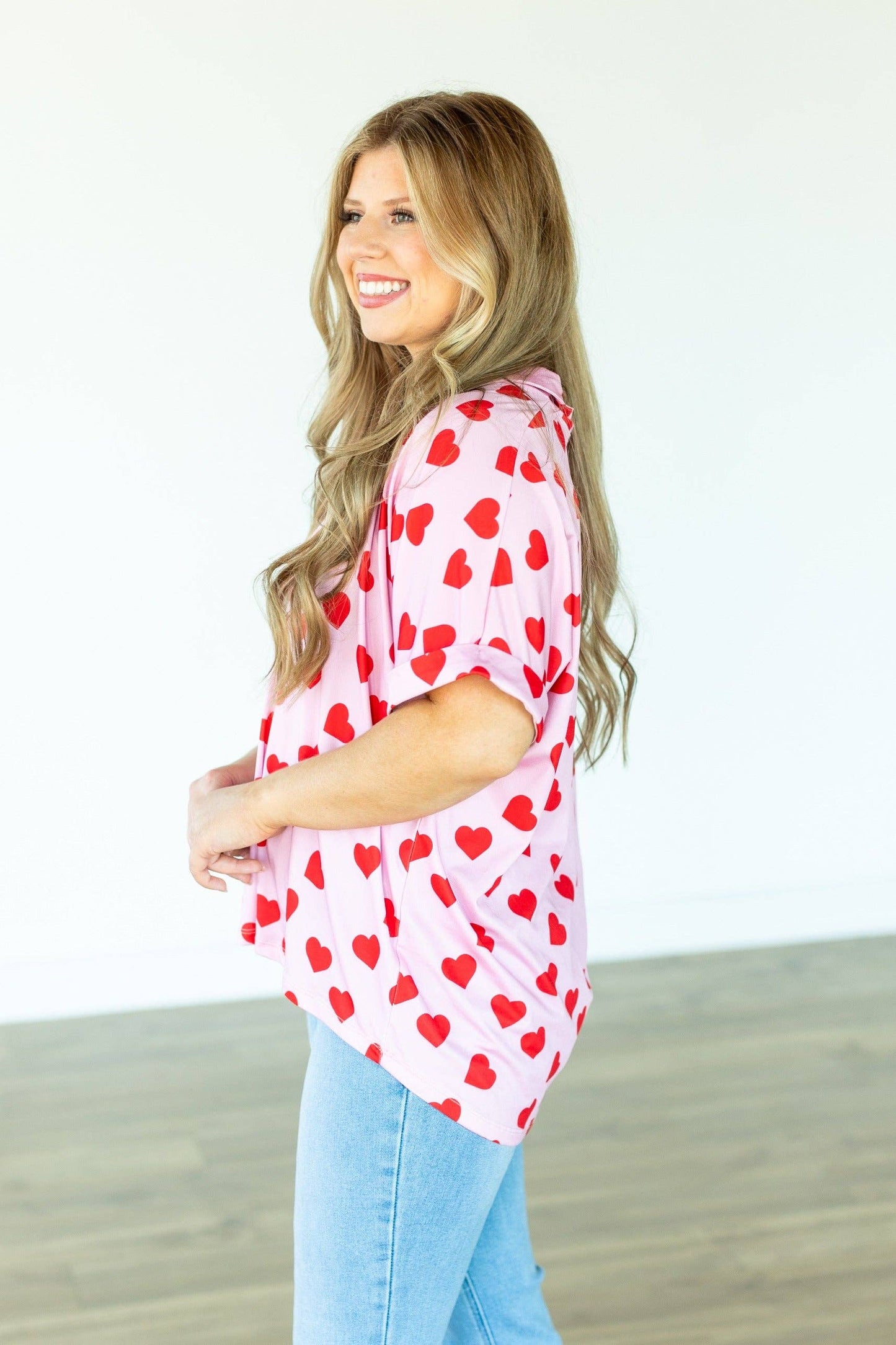 Heart Print Collared Top