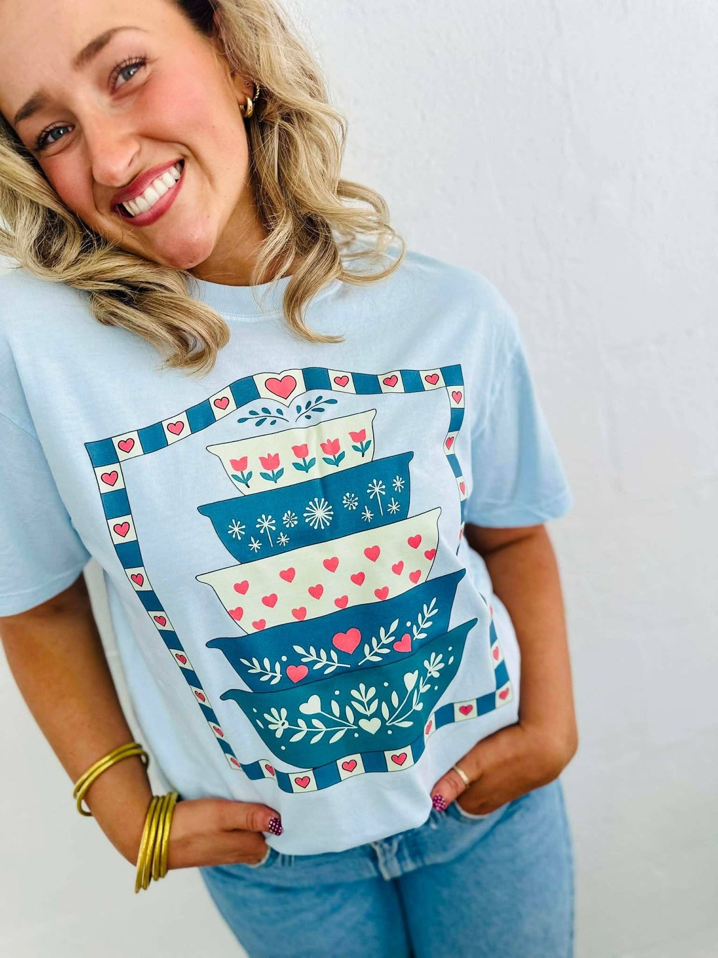 Vintage Mixing Bowls tee detail - colorful stacked patterned bowls with sweetheart details boutique shirt