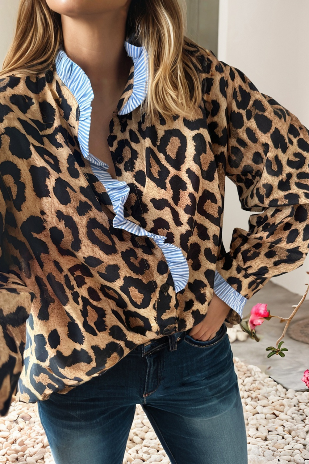 Leopard Ruffle Trim Button Down Blouse