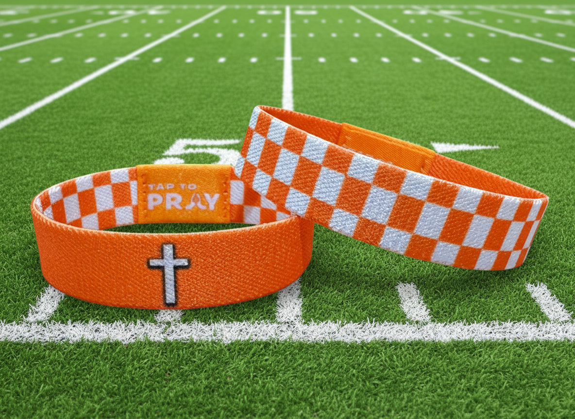 Versible Tap to Pray Wristband-Orange & White Checkers