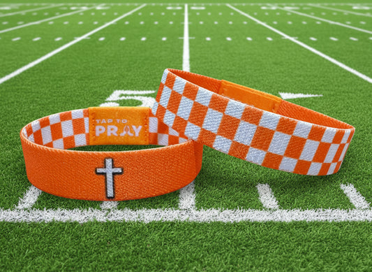 Versible Tap to Pray Wristband-Orange & White Checkers