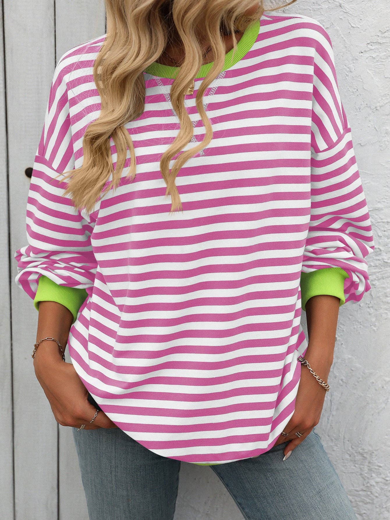 Color Striped Crew Neck Loose Sweatshirt