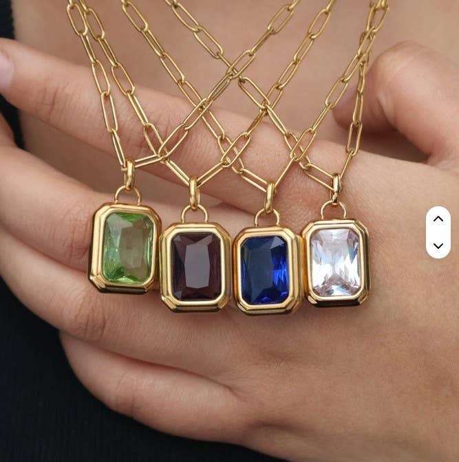 18K Gold Stainless Steel Emerald-Cut Pendant Necklace