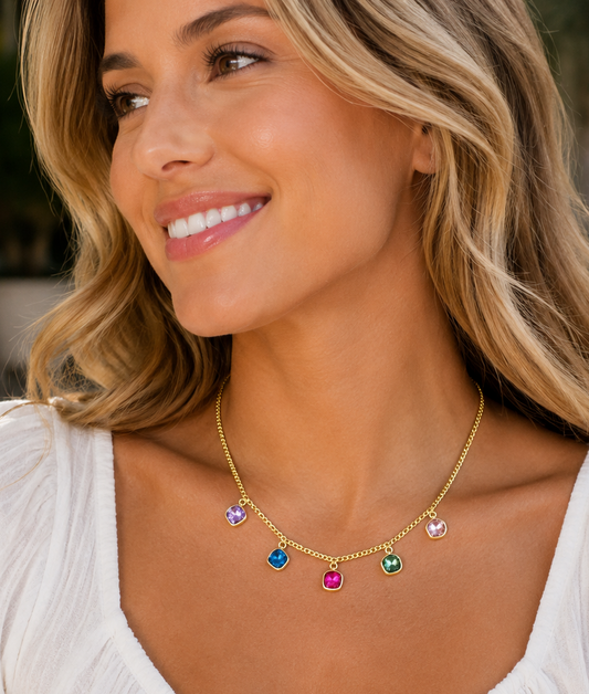 Treasure Jewels Rainbow Kiss crystal charm necklace with colorful jewel tone pendants