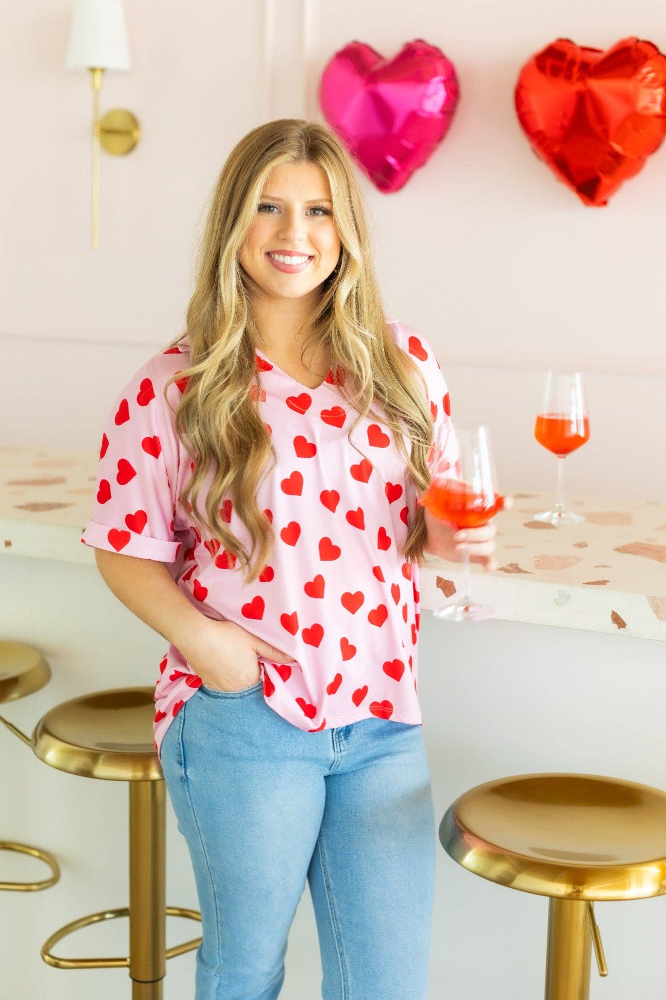 Heart Print Collared Top