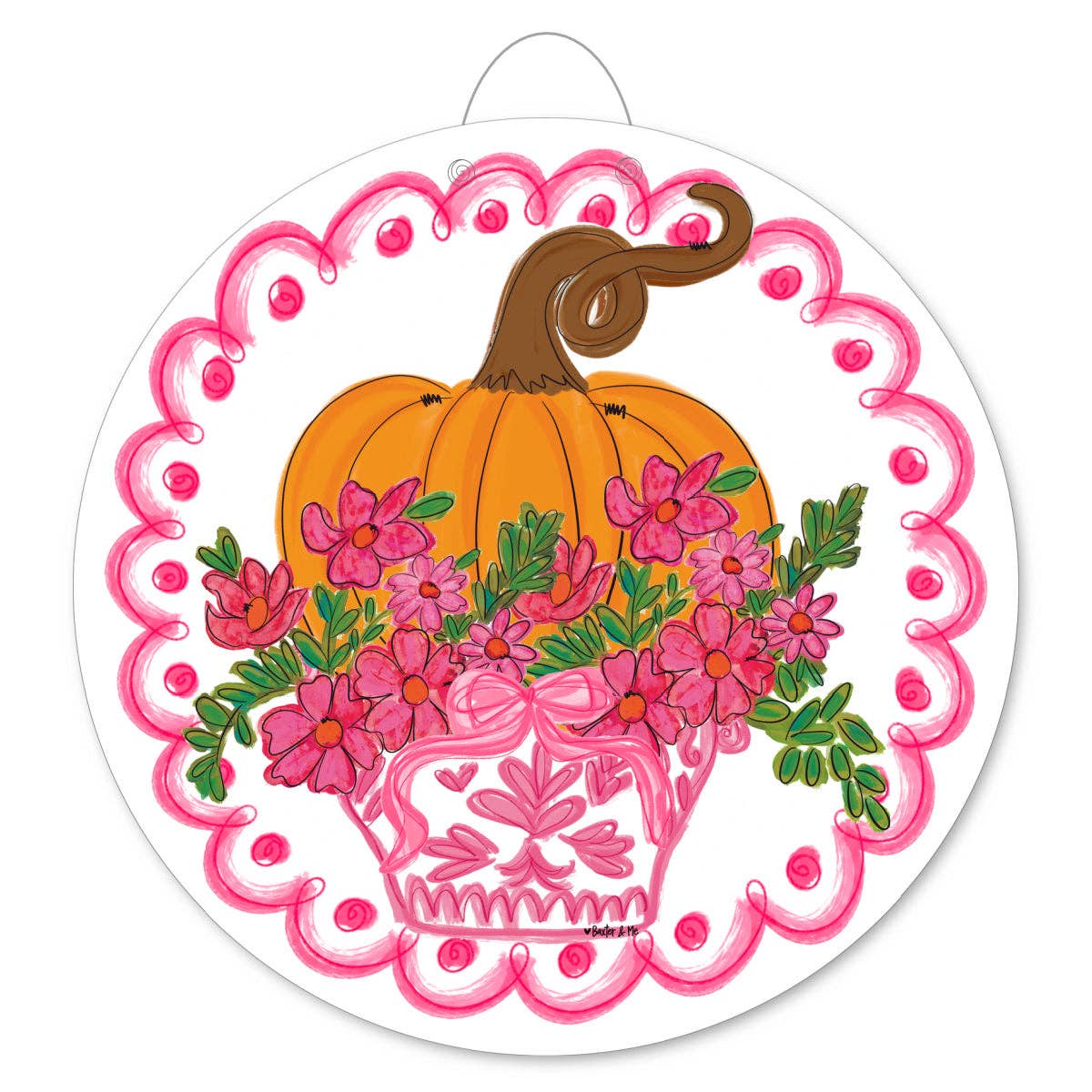 Decorative door hanger with pumpkin and flowers on a white background
