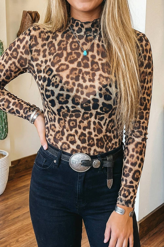 sheer leopard print mesh top fitted long sleeve